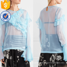 Hot Sale Blue Chiffon Long Sleeve Ruffled Summer Top Manufacture Wholesale Fashion Women Apparel (TA0089T)